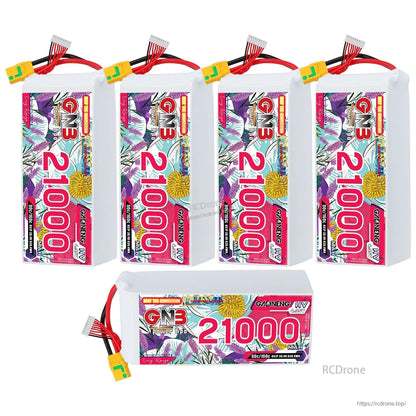 Bundle layout: four upright GNB 21000mAh packs plus one battery shown horizontally in front