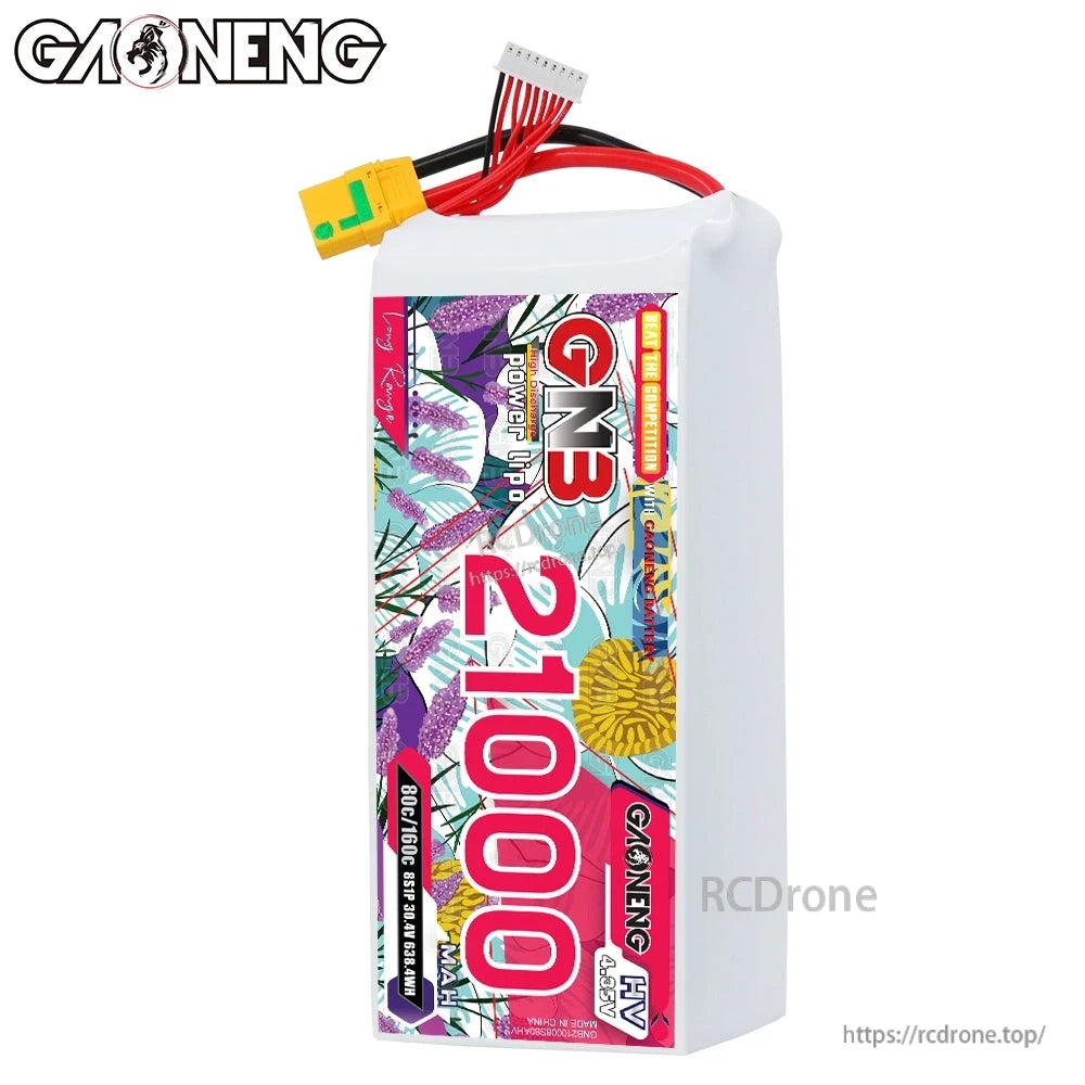 Front label view of GAONENG GNB 21000mAh HV LiPo pack with leads and XT90S plug on top