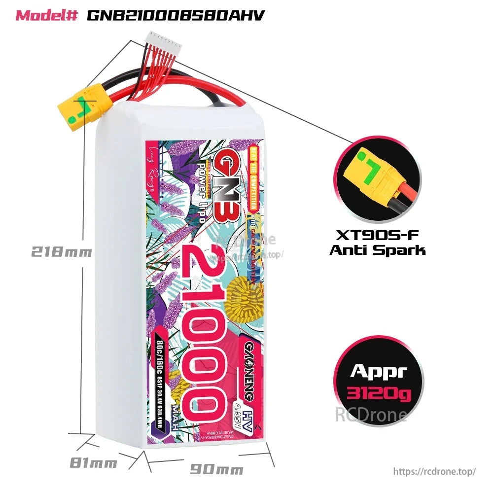 GNB210008S80AHV battery dimensions diagram with XT90S-F anti-spark plug and approx weight callout