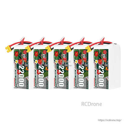 Five GNB 22000mAh LiPo batteries lined up, front label side with power leads and connectors