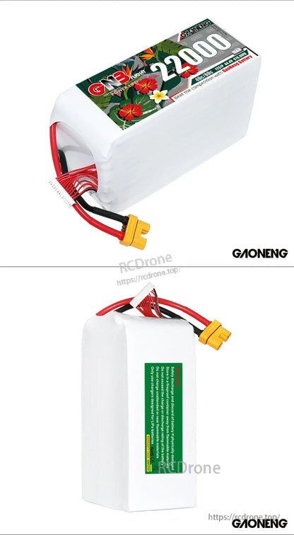 Two-angle collage showing front label side and warning label side of the GNB 22000mAh pack