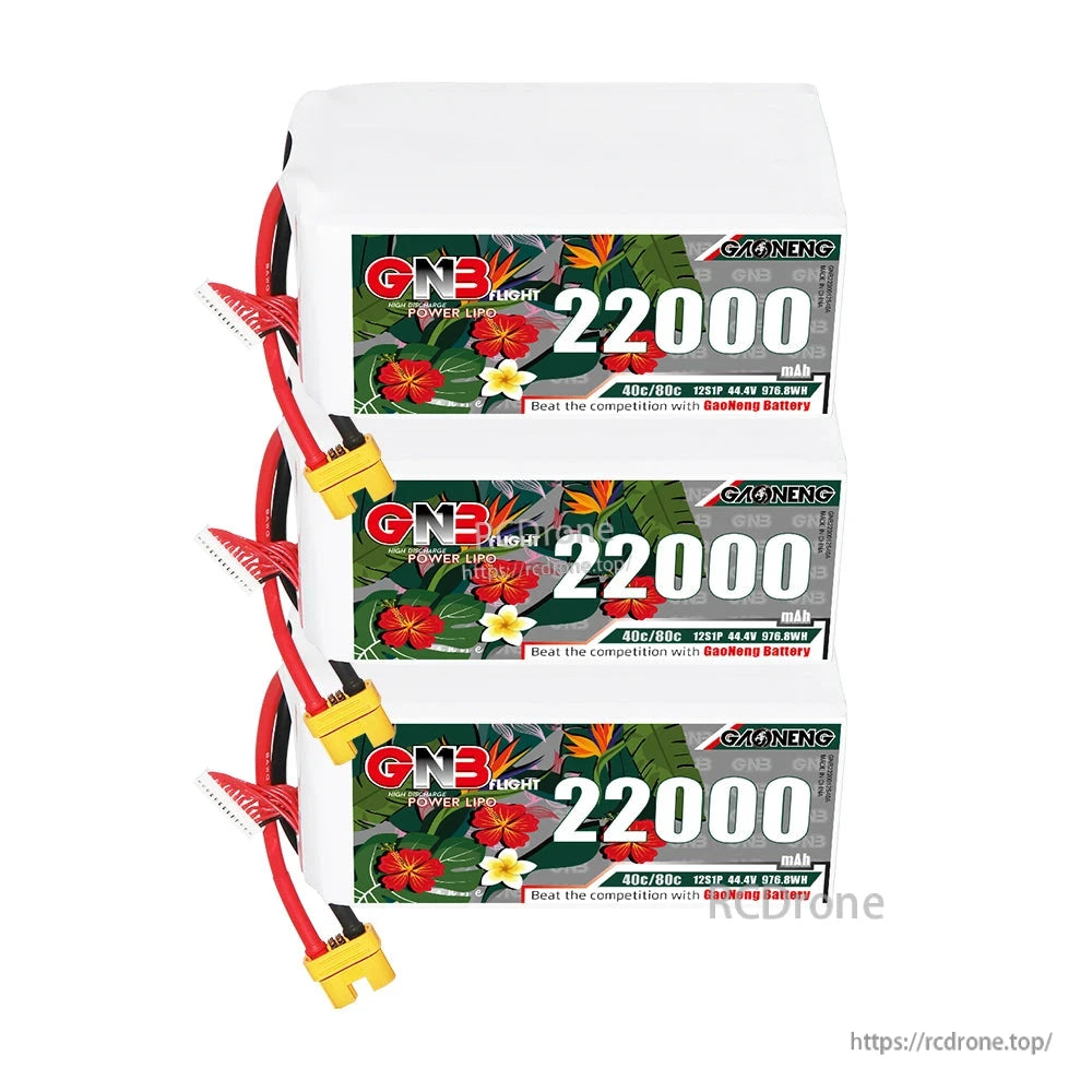 Three GNB 22000mAh LiPo batteries stacked, side labels visible with leads and AS150 connectors