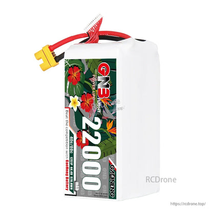 Single GNB 22000mAh battery upright view showing front floral label and top wire exit