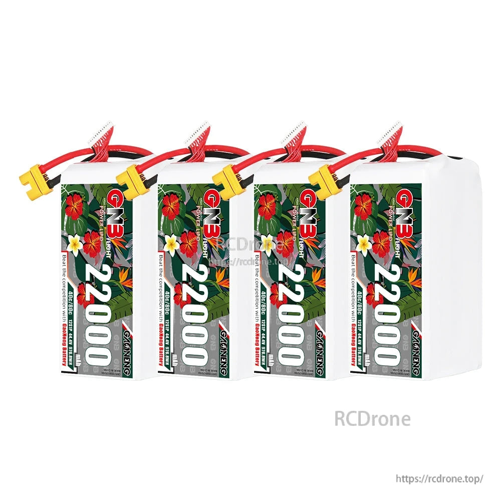 Four GNB 22000mAh LiPo batteries lined up side-by-side, label side facing forward