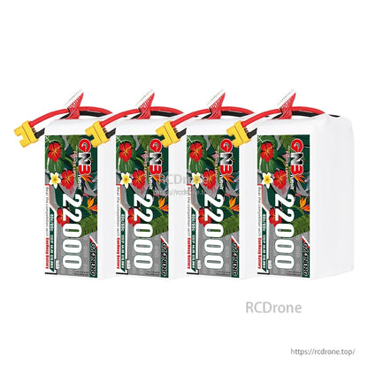 Four GNB 22000mAh LiPo batteries lined up side-by-side, label side facing forward