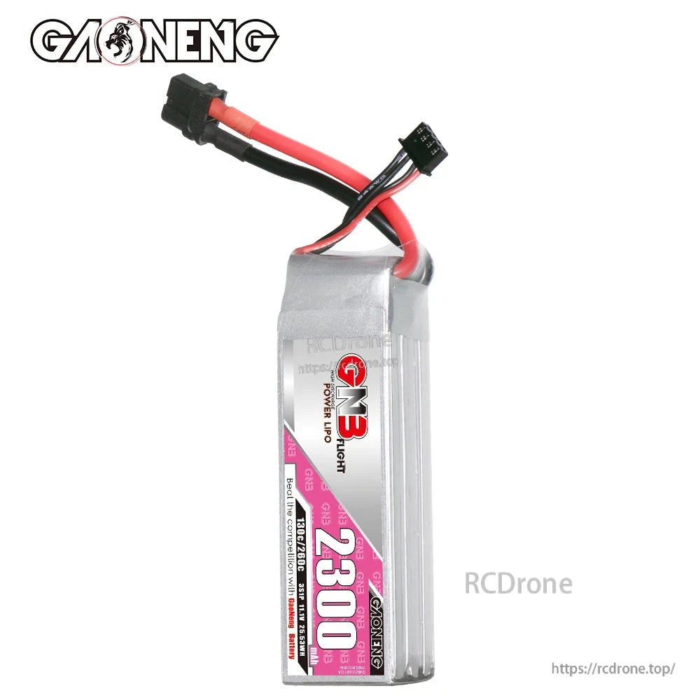 Side view of GAONENG GNB 2300mAh LiPo battery showing wire exit and label panel