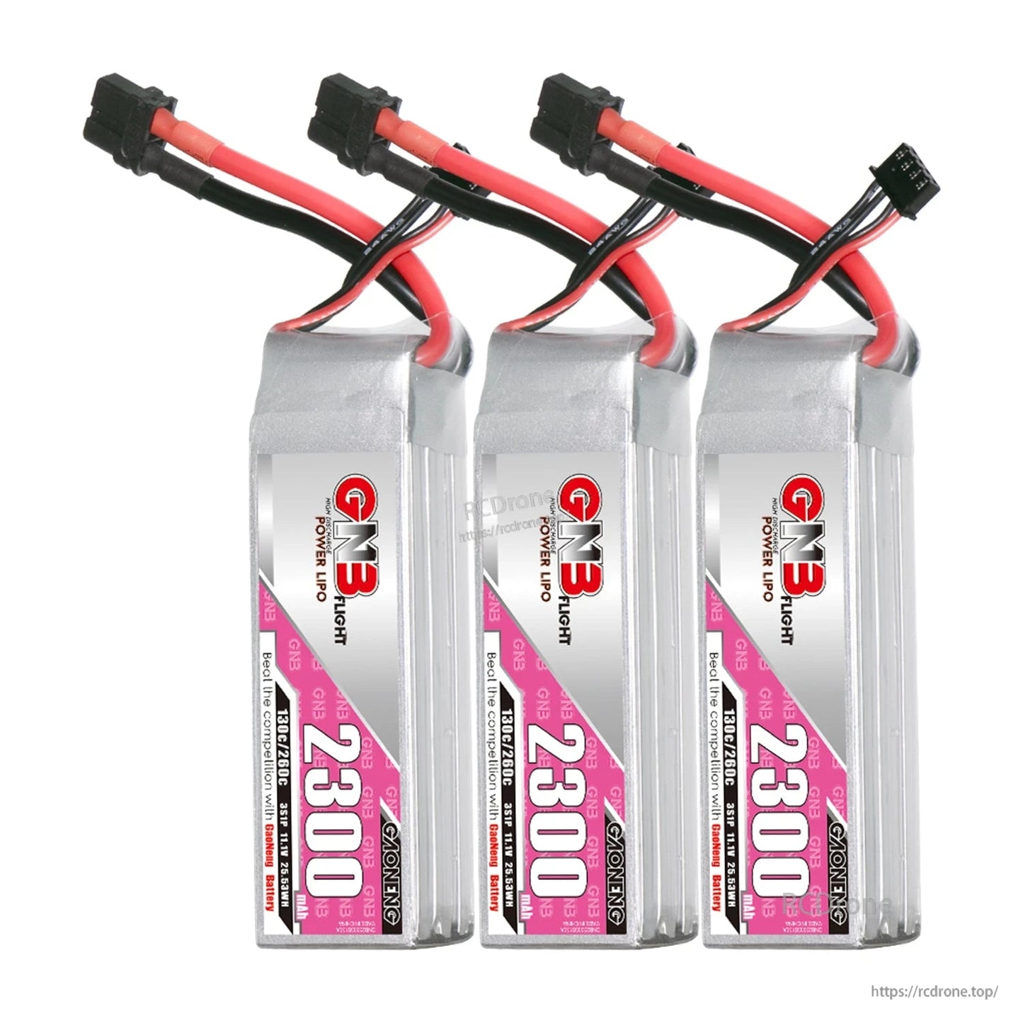 Three GAONENG GNB 2300mAh LiPo batteries shown together with XT60 and balance leads