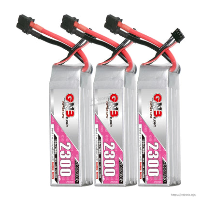 Three GAONENG GNB 2300mAh LiPo batteries shown together with XT60 and balance leads