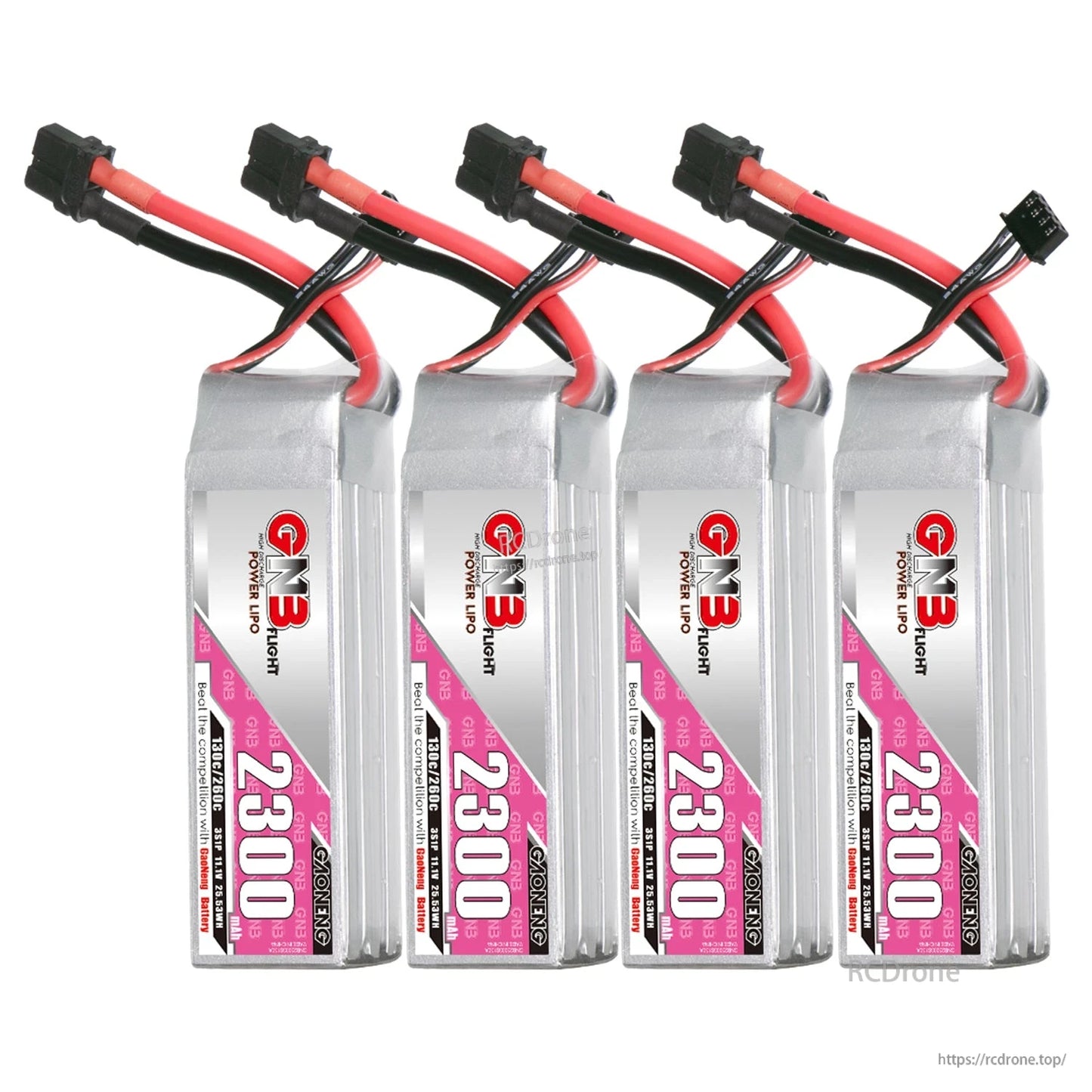 Four GAONENG GNB 2300mAh LiPo batteries lined up showing labels and connectors