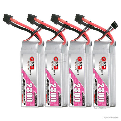 Four GAONENG GNB 2300mAh LiPo batteries lined up showing labels and connectors