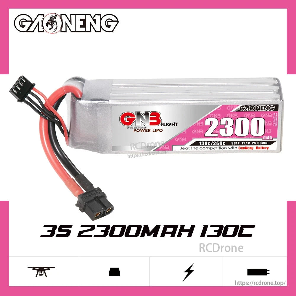 GAONENG GNB 3S 2300mAh 130C LiPo battery product graphic with key specs highlighted