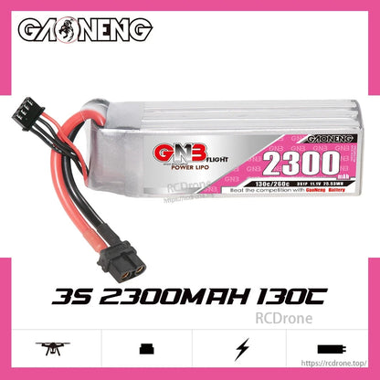 GAONENG GNB 3S 2300mAh 130C LiPo battery product graphic with key specs highlighted