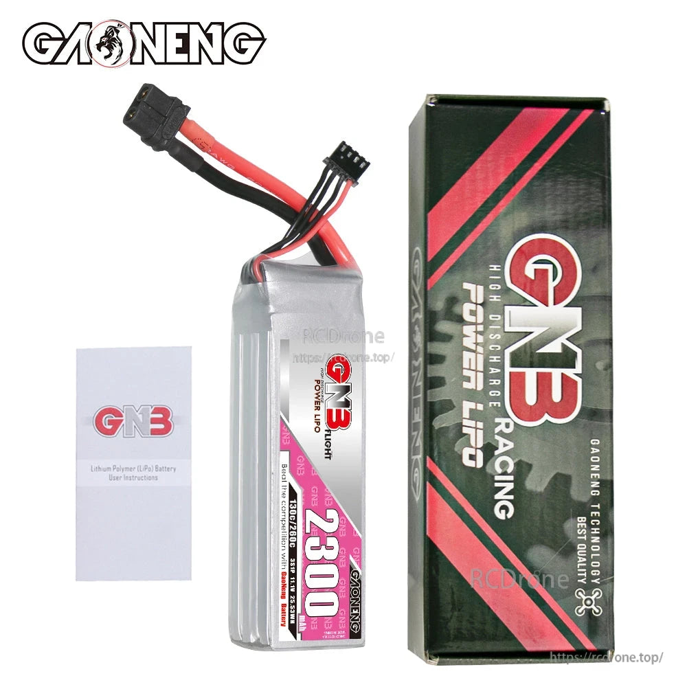 Package contents: GAONENG GNB 2300mAh LiPo battery, retail box, and user instructions