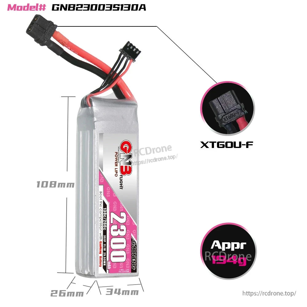 GNB23003S130A LiPo battery dimensions 108×34×26 mm with XT60U-F connector close-up