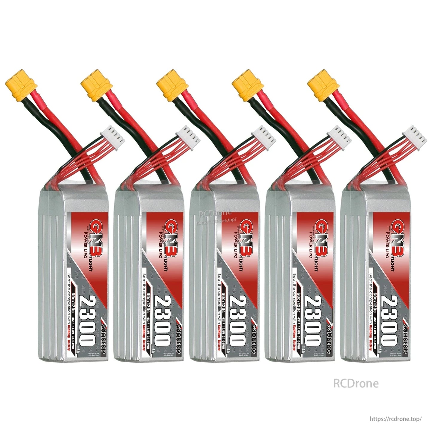 Five GAONENG GNB 2300mAh LiPo batteries displayed in a row with XT60 connectors and balance leads