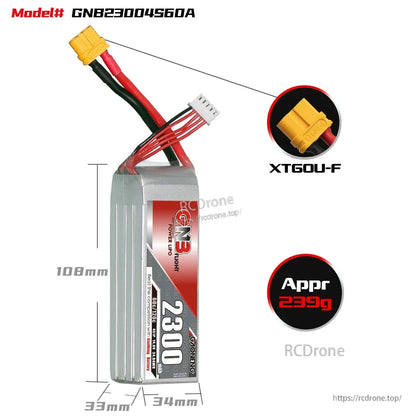 GNB23004S60A battery size and weight diagram: 108mm length, 33x34mm, approx 239g, XT60U-F plug