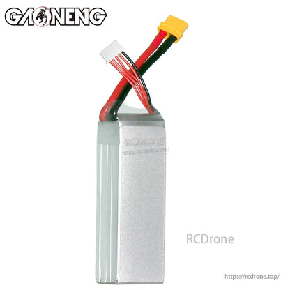 Rear/blank side of GAONENG LiPo battery showing silver wrap and wiring with XT60 and balance lead