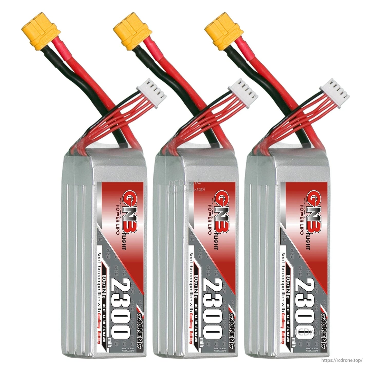 Three GAONENG GNB 2300mAh LiPo batteries shown together with XT60 connectors and balance leads