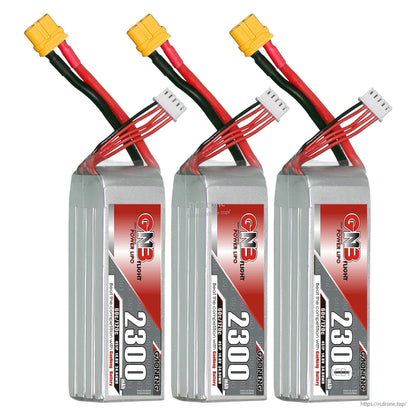 Three GAONENG GNB 2300mAh LiPo batteries shown together with XT60 connectors and balance leads