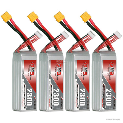 Four GNB 2300mAh LiPo batteries lined up, each with XT60 connector and balance plug
