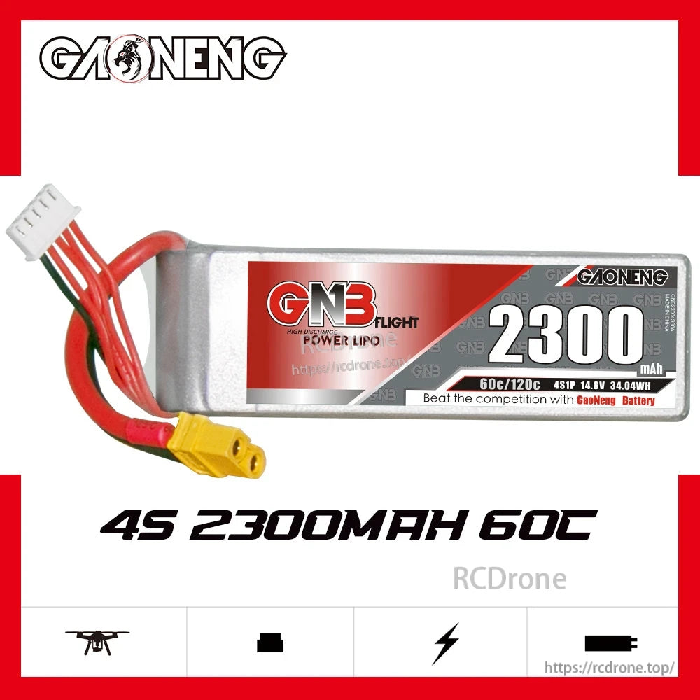 GNB 4S 2300mAh 60C 14.8V LiPo battery label graphic with GAONENG branding and XT60 lead