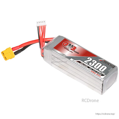 Single GAONENG GNB 2300mAh LiPo battery with XT60 connector and balance plug, side angle view