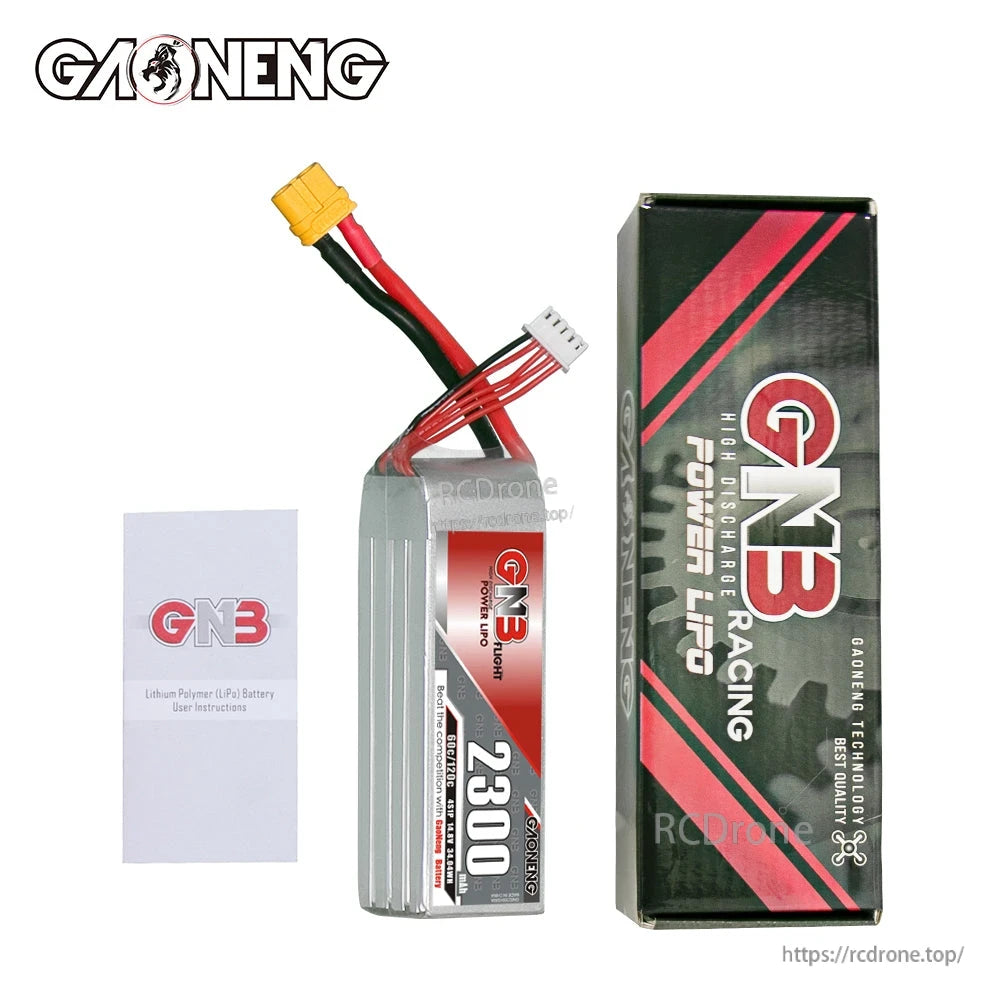 Package contents: GNB 2300mAh battery, user instruction leaflet, and GNB retail box