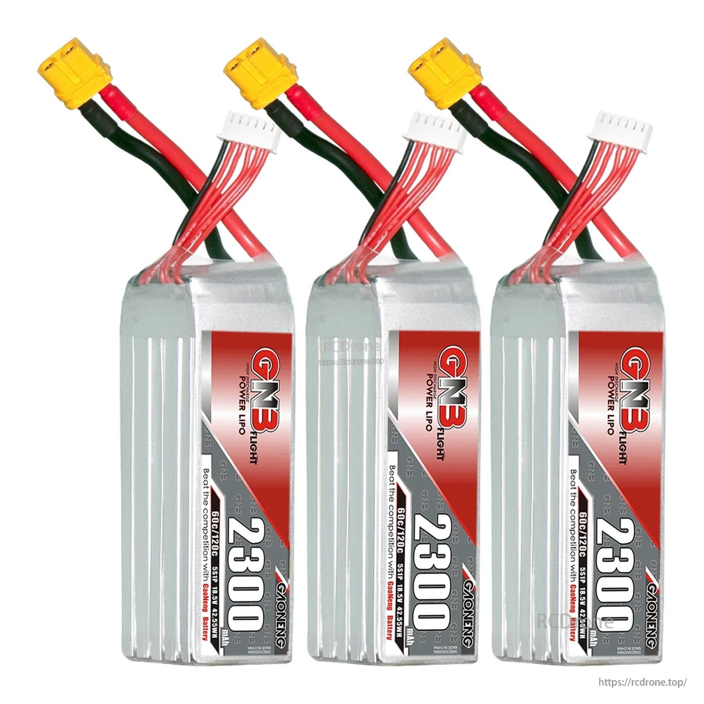 Three-pack set of GAONENG GNB 2300 LiPo batteries with XT60 connectors and balance leads
