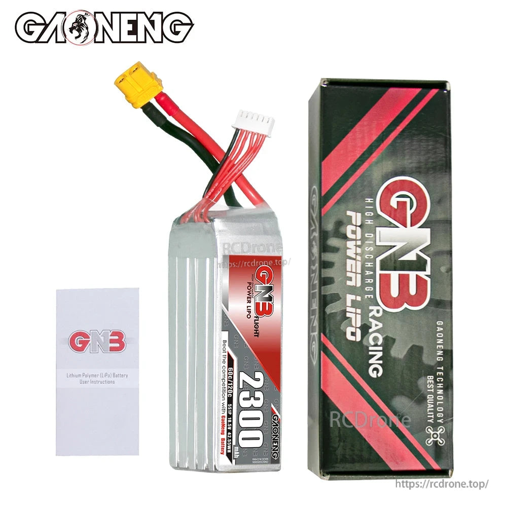 Package contents: GAONENG GNB 2300mAh LiPo battery with retail box and user instructions