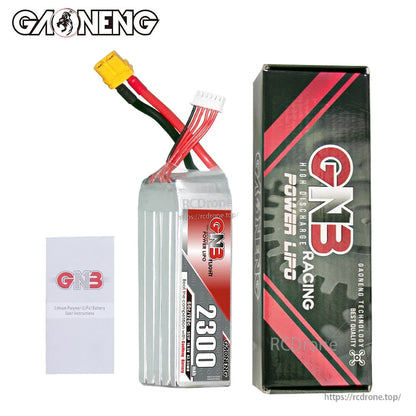 Package contents: GAONENG GNB 2300mAh LiPo battery with retail box and user instructions