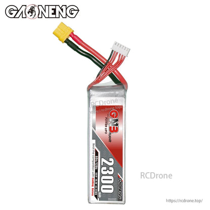 Front label view of GAONENG GNB 2300 battery with XT60 power lead and white balance plug