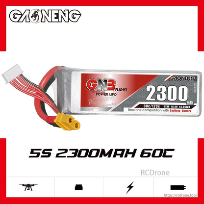 GNB 5S 2300mAh 60C XT60 LiPo battery side view on GAONENG graphic background