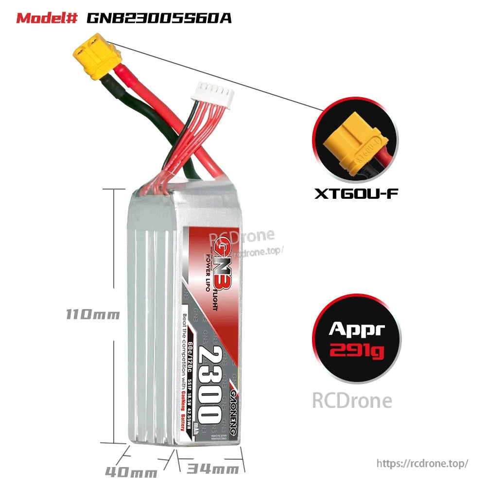 GNB23005S60A battery dimensions 110×40×34mm, XT60U-F connector close-up and approx 291g