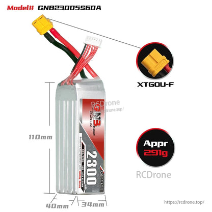 GNB23005S60A battery dimensions 110×40×34mm, XT60U-F connector close-up and approx 291g