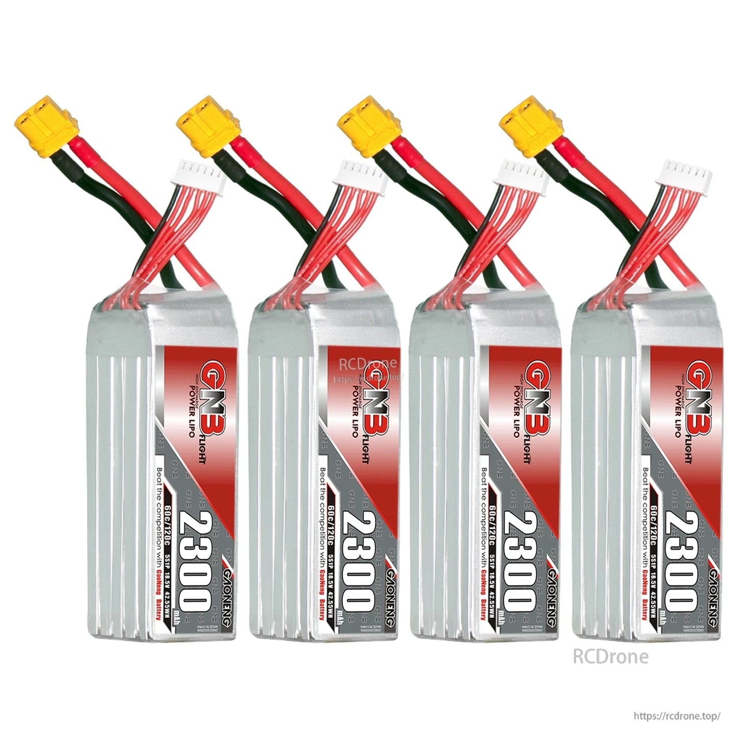 Four GAONENG GNB 2300 LiPo batteries lined up, each with yellow XT60 connector