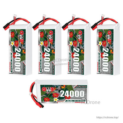 Group display of multiple 24000mAh LiPo batteries plus one battery shown in horizontal orientation