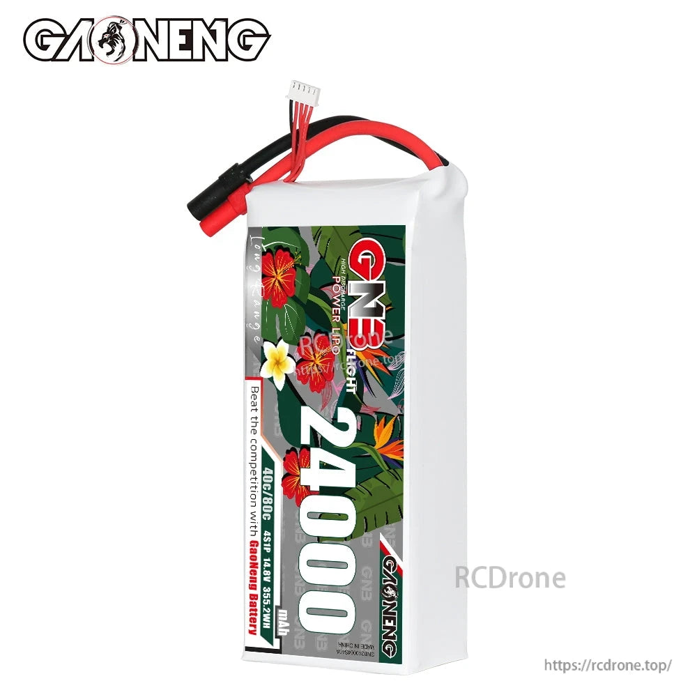 Side profile of GAONENG GNB 24000mAh LiPo battery showing thickness and wire exit