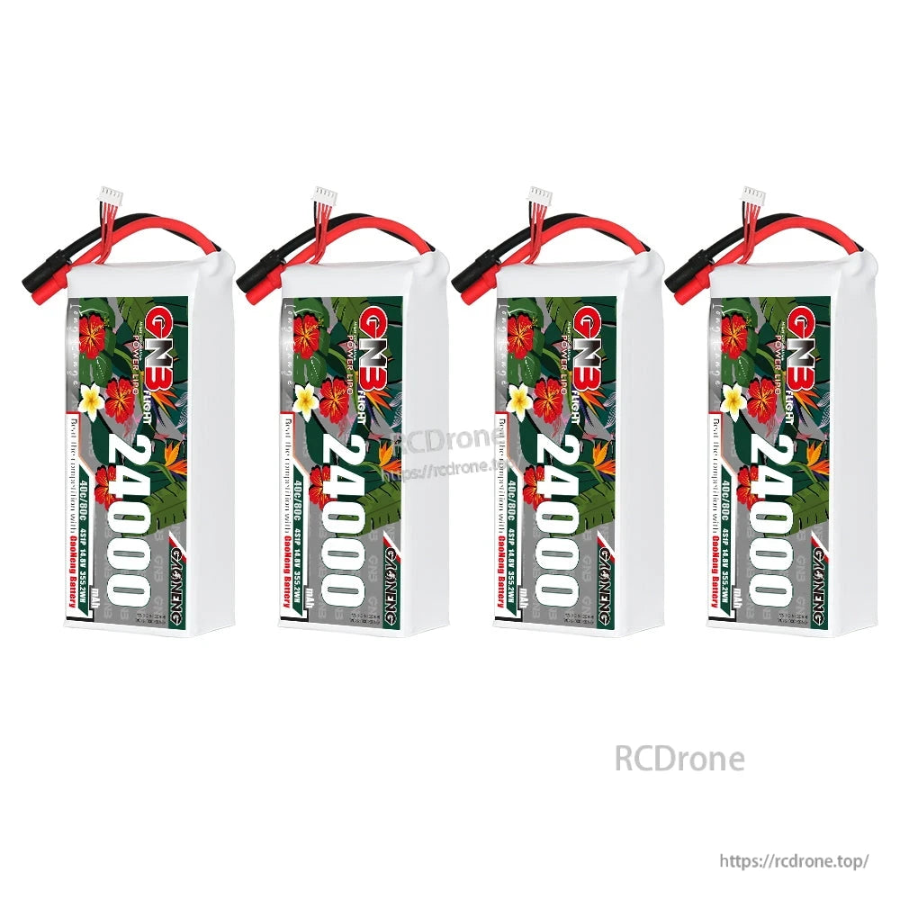 Four GNB 24000mAh LiPo batteries lined up, front label view with leads