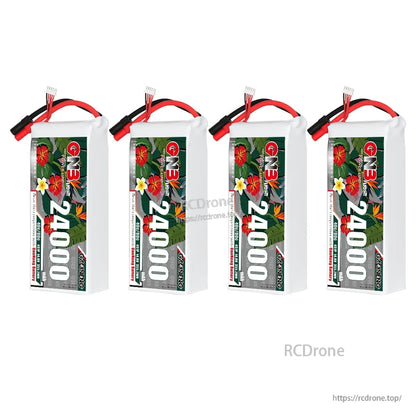 Four GNB 24000mAh LiPo batteries lined up, front label view with leads