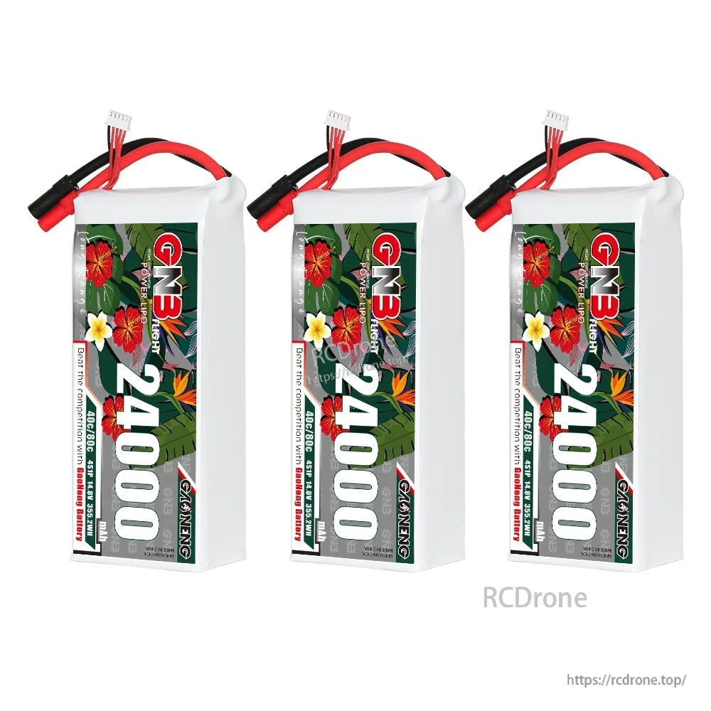 Three GNB 24000mAh LiPo batteries shown together, front label view