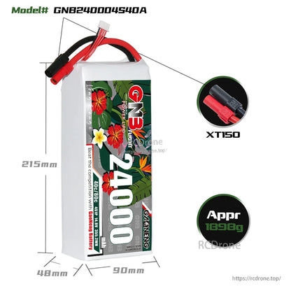 Battery dimensions diagram for GNB240004S40A with XT150 connector close-up
