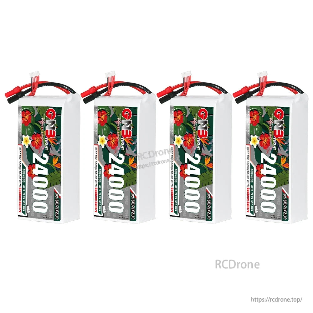 Four upright GNB 24000mAh LiPo batteries lineup showing side labels and attached leads