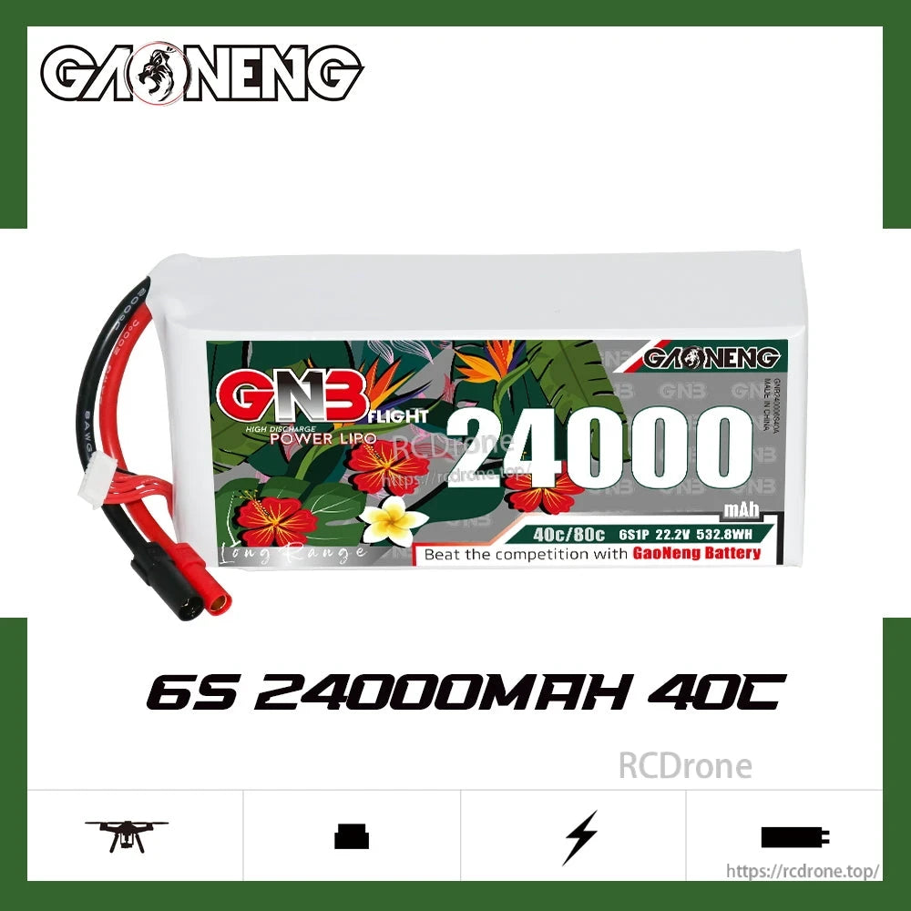 GNB 6S 24000mAh 40C RC LiPo battery front label on white background graphic