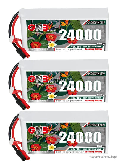 Three GNB 24000mAh 6S LiPo batteries shown front label with XT150 leads