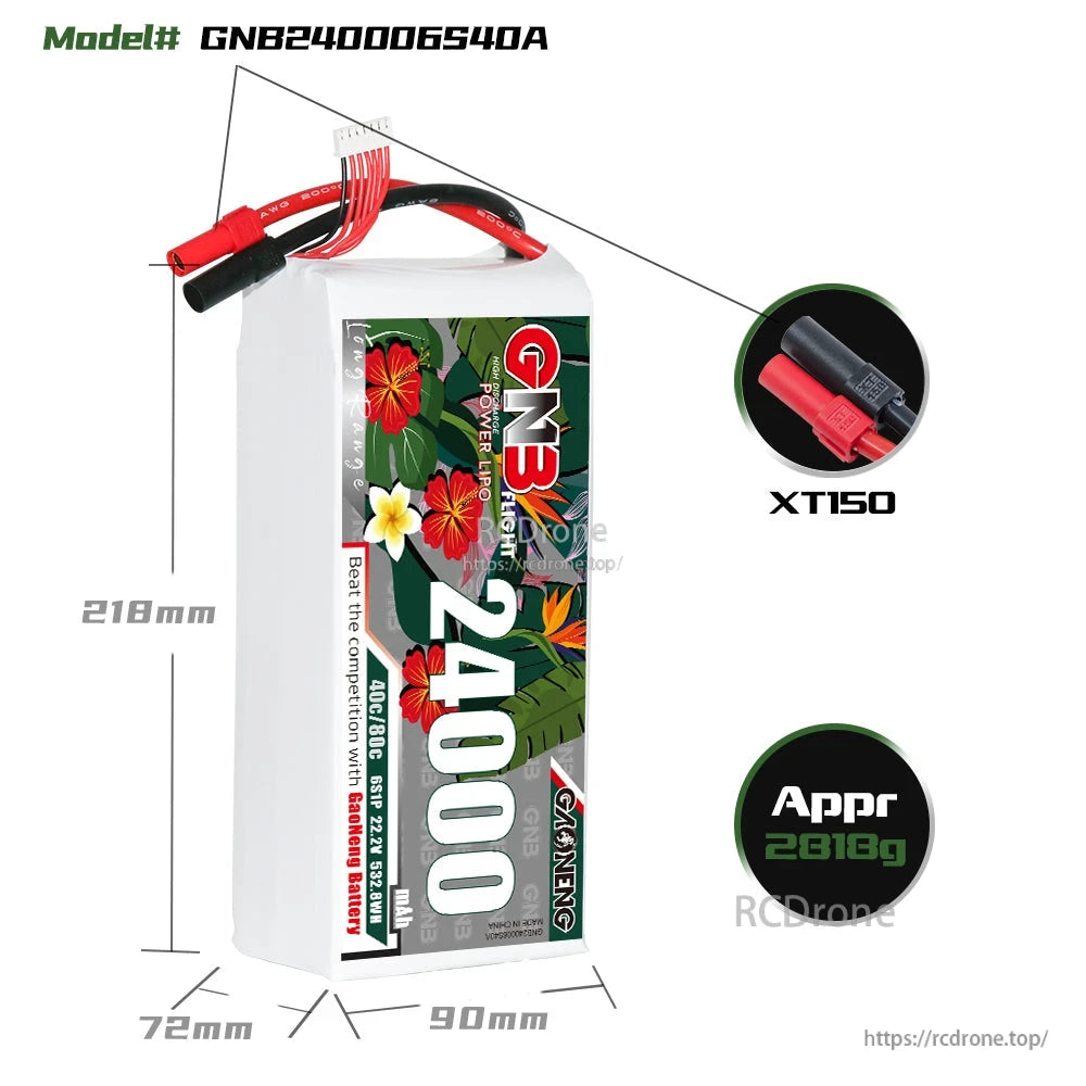 GNB240006S40A battery dimensions 218×90×72mm with XT150 connector close-up callout
