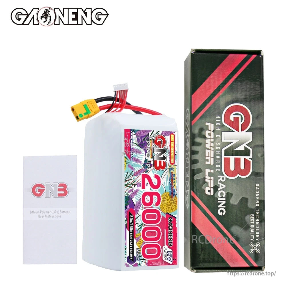 Package contents: GAONENG GNB 26000 battery pack, retail box, and instruction leaflet