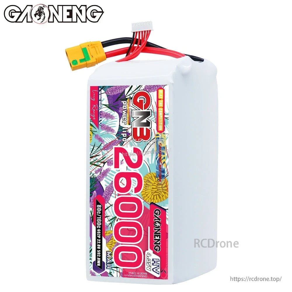 GAONENG GNB 26000mAh battery standing upright, label side shown with balance plug and XT90S lead