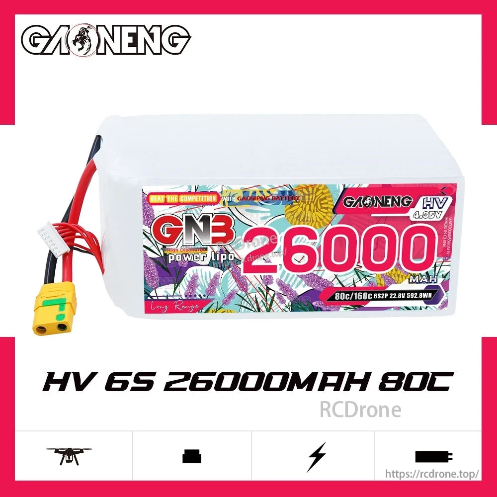 GAONENG GNB HV 6S 26000mAh 80C RC LiPo battery, side label view with XT90S lead