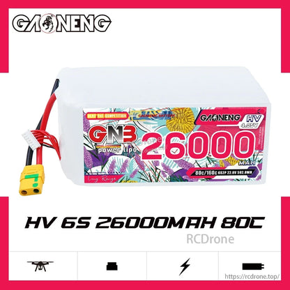 GAONENG GNB HV 6S 26000mAh 80C RC LiPo battery, side label view with XT90S lead