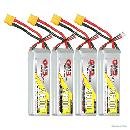 Four-pack bundle of GN3 2600 LiPo batteries lined up with XT60 plugs and balance leads